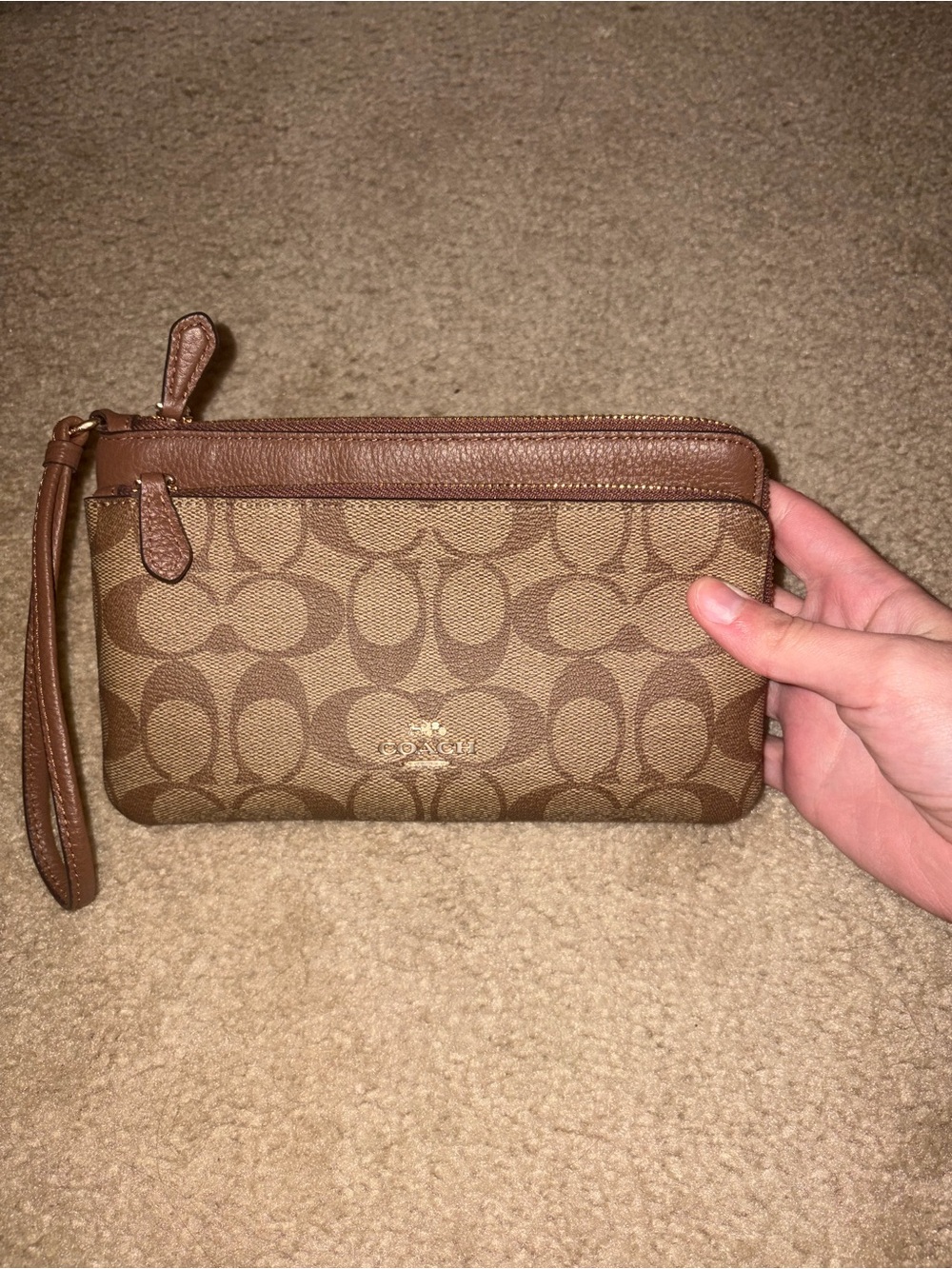 Coach Brown Signature Canvas Wristlet with Gold Hardware